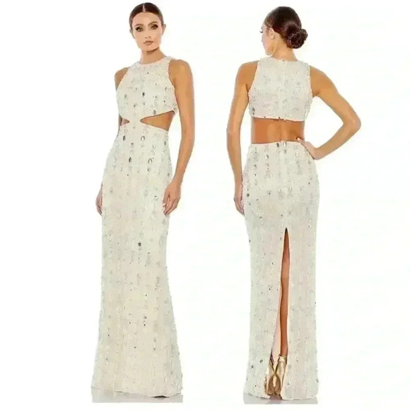 Mac Duggal CutOut Gown Maxi Dress 4 Small S Beaded Back Slit Nude Beige $998 NWT - Picture 1 of 9